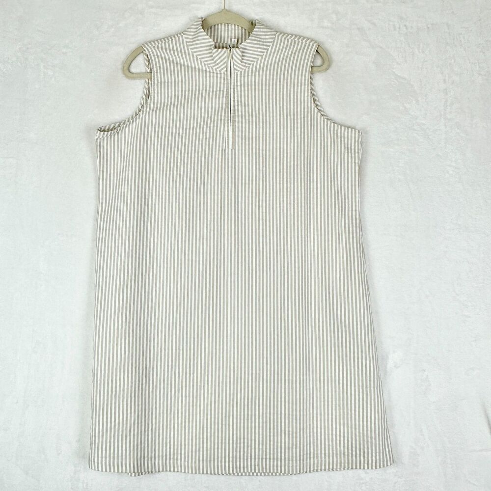 Lulu B Sleeveless Zip Dress Size Large Seersucker Collared Stripe Taupe White
